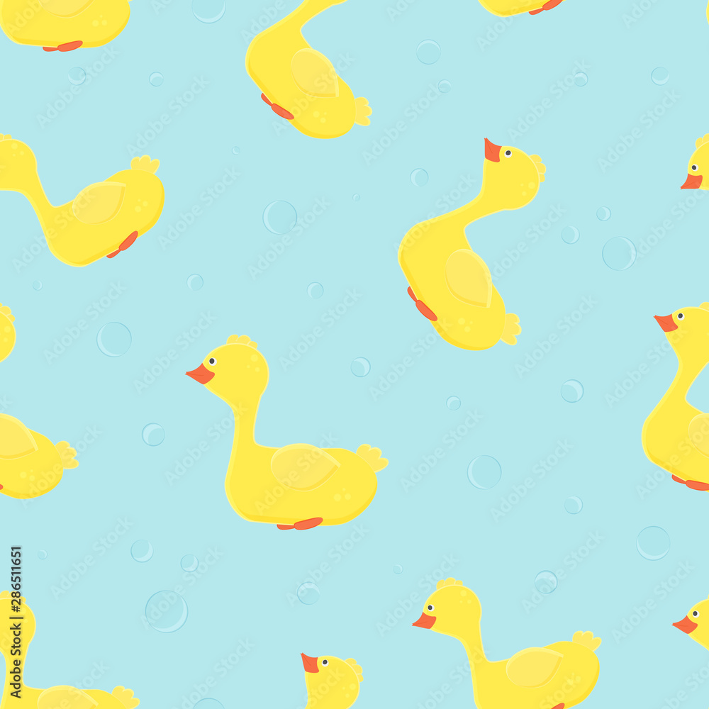Seamless pattern with cute and funny ducks and bubbles on blue background. For baby shower design, wallpapers, decoration, fabric, textile and print, bathroom curtain. Seamless pattern with cute and funny ducks and bubbles on blue background. For baby shower design, wallpapers, decoration, fabric, textile and print, bathroom curtain.