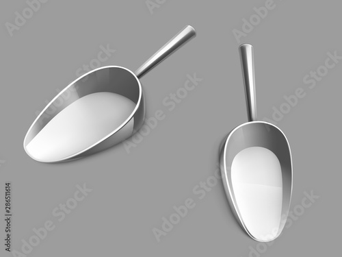 Metallic or stainless steel scoop with glossy chrome handle side, top view 3d realistic vector isolated on grey background. Kitchen utensil, grocery store tool for bulk goods filling illustration