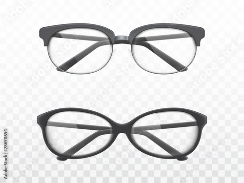Modern glasses, classic design eyeglasses with black, plastic or metallic, full-rimmed and semi-rimless frame 3d realistic vector isolated on transparent background. Spectacles shop ad design element