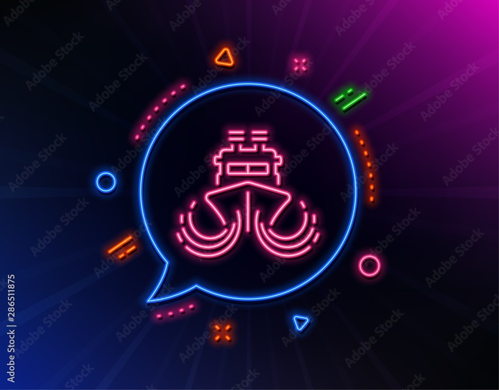 Ship in waves line icon. Neon laser lights. Watercraft transport sign. Shipping symbol. Glow laser speech bubble. Neon lights chat bubble. Banner badge with ship icon. Vector