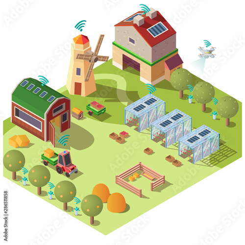 Smart farming with modern, innovative, digital technologies isometric vector concept. Farm, ranch outbuildings, tractor, drone flying under garden, glass greenhouse connected on wifi illustration
