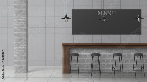 Bar, cafe, coffee shop or pub minimalistic, loft interior with stools standing in row near wooden counter desk, hanging vintage lamps, brick column, chalkboard menu, tilled wall and floor illustration