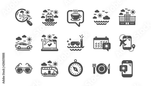 Travel icons. Passport, Luggage and Check in airport. Sunglasses classic icon set. Quality set. Vector