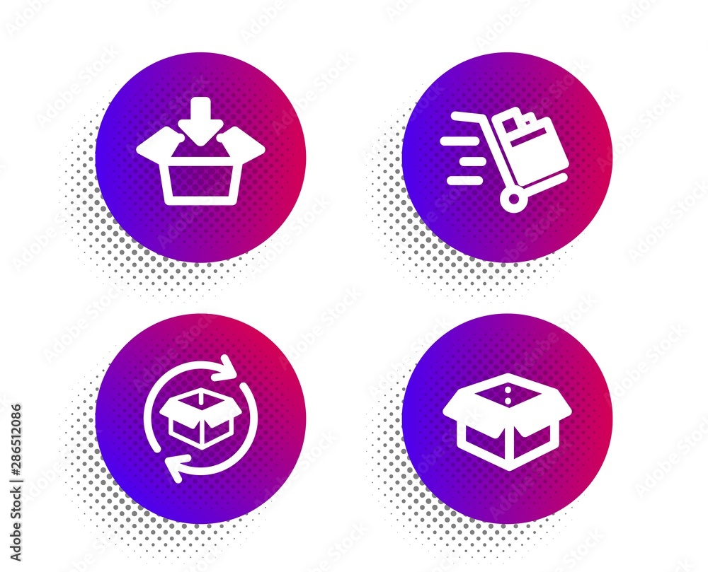 Get box, Return parcel and Push cart icons simple set. Halftone dots button. Open box sign. Send package, Exchange of goods, Express delivery. Delivery package. Transportation set. Vector Get box, Return parcel and Push cart icons simple set. Halftone dots button. Open box sign. Send package, Exchange of goods, Express delivery. Delivery package. Transportation set. Vector