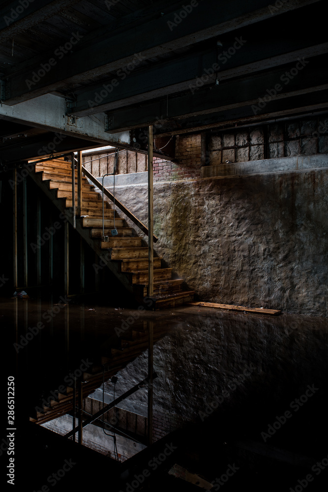 Creepy Stone Basement with Steps and Water Reflections - Abandoned C.H. Wheeler Manufacturing Company - Philadelphia, Pennsylvania Creepy Stone Basement with Steps and Water Reflections - Abandoned C.H. Wheeler Manufacturing Company - Philadelphia, Pennsylvania