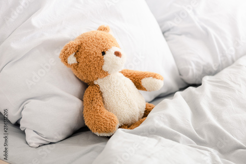 Plush teddy bear in bed with white pillows and blanket