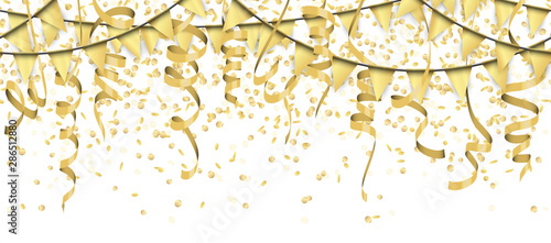 seamless golden colored confetti, streamers and garlands background