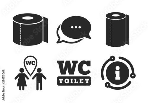 Gents and ladies room signs. Chat, info sign. Toilet paper icons. Paper towel or kitchen roll. Man and woman symbols. Classic style speech bubble icon. Vector