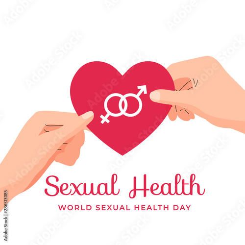 World Sexual Health Day poster concept design. Man woman couple hand holding male female gender sex symbol on heart shape paper vector illustration banner background template.