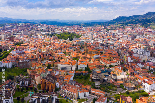 Aerial view of Oviedo city with buildings and lanscape, Asturias