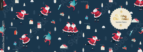 Skating Santa Clauses and Deers -Merry Christmas and New Year seamless pattern - modern flat vector concept illustration of cheerful Santa Clauses and deers wearing sweater, skating on the ice rink