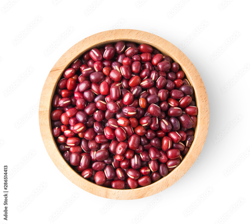 red beans adzuki in wood bowl isolated on white background. top view red beans adzuki in wood bowl isolated on white background. top view