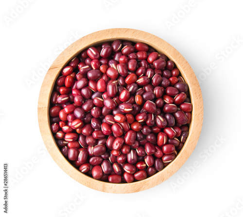 red beans adzuki in wood bowl isolated on white background. top view photo