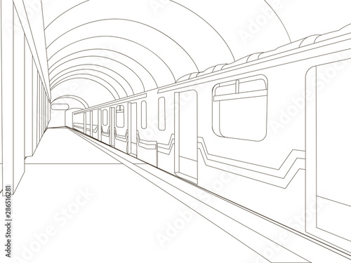 Underground. The train car is at the station. Coloring vector