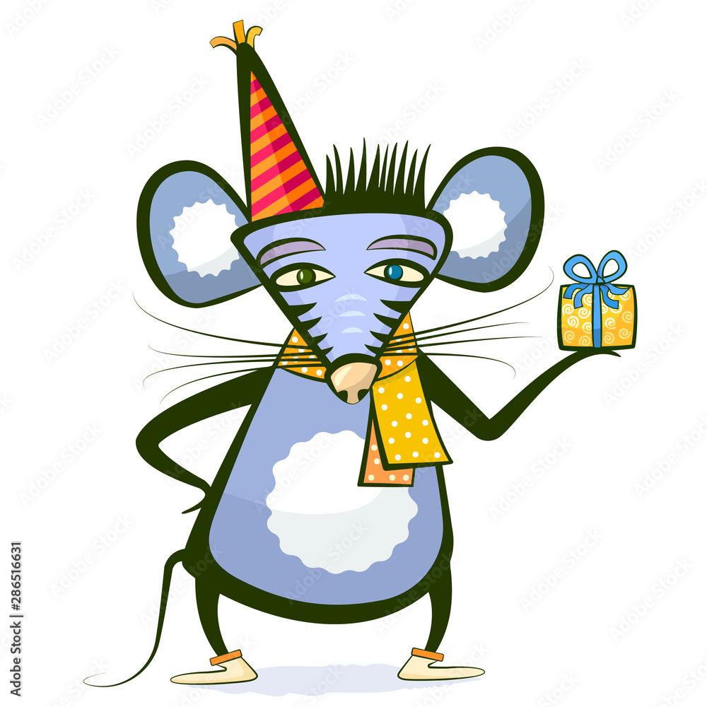 Mouse with a gift. An animal with a festive cap gives a gift. Colorful illustration for greeting card or other production. Lovely picture about a kind and friendly rodent. Birthday, New year theme Mouse with a gift. An animal with a festive cap gives a gift. Colorful illustration for greeting card or other production. Lovely picture about a kind and friendly rodent. Birthday, New year theme