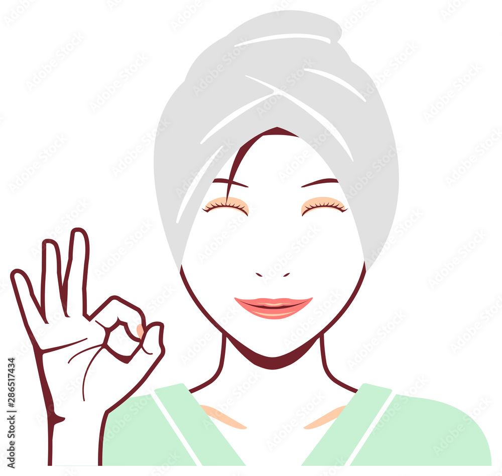 Young asian woman face vector illustration (just out of the bath) /ok sign with smiling Young asian woman face vector illustration (just out of the bath) /ok sign with smiling
