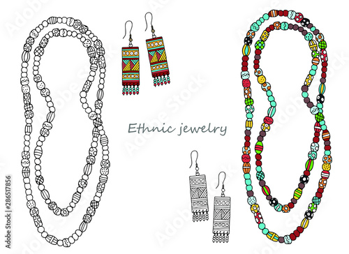 Bright set of women's ethnic jewelry: beads and earrings. Hand-drawn. Vector