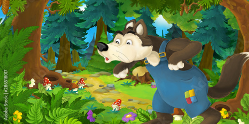 Fototapeta Naklejka Na Ścianę i Meble -  Cartoon fairy tale scene with wolf on the meadow in the forest - illustration for children