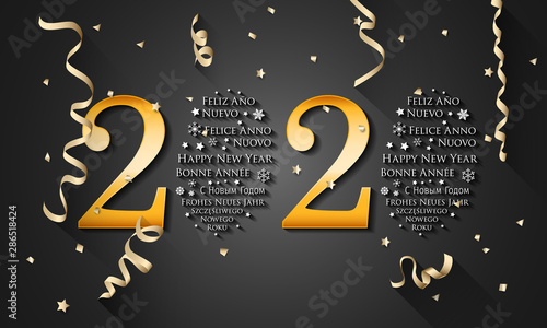 2020 New Year in Different Languages (Bonne Année, Frohes Neues Jahr, Feliz Año Nuevo, С Новым Годом, and Szczęśliwego Nowego Roku). Happy New Year greeting card. 2020 Happy New Year background.