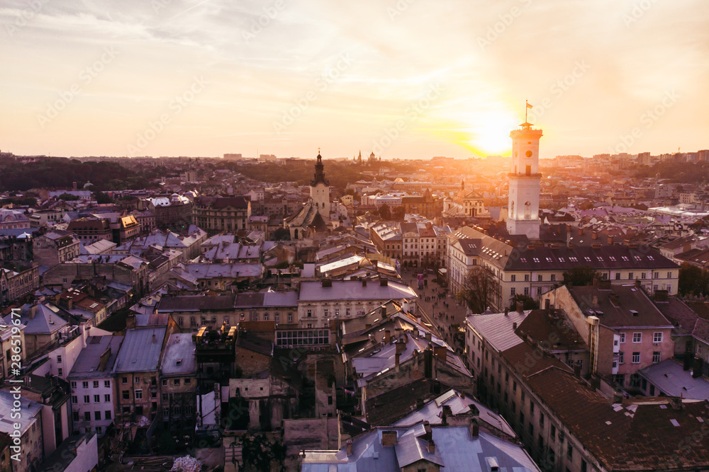 Obraz premium aerial view of sunset above european city