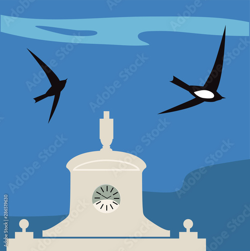 Vencejos volando sobre un cielo azul cerca del Ayuntamiento