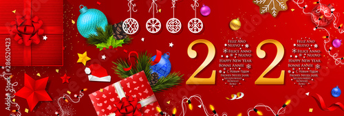 2020 New Year in Different Languages (Bonne Année, Frohes Neues Jahr, Feliz Año Nuevo, С Новым Годом, and Szczęśliwego Nowego Roku). Happy New Year greeting card. 2020 Happy New Year background.