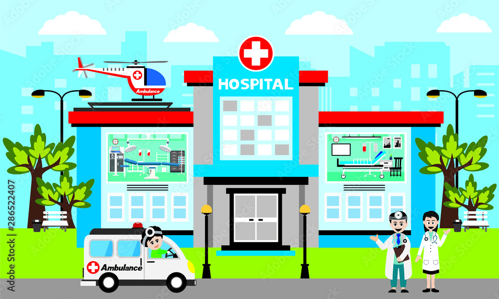 Fototapeta premium Patient care concept. Vector of doctor team standing on a hospital building, ambulance car background