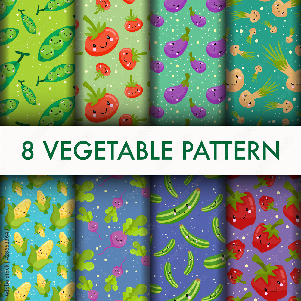Fototapeta premium Vector seamless Vegetable pattern set.
