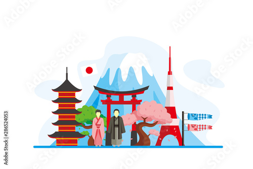 Photography Japan Famous Landmarks Travel Flat Concept Vector Illustration