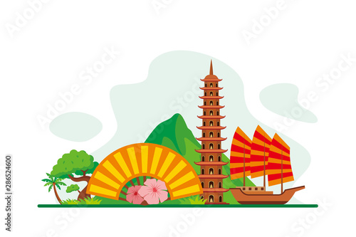 Vietnam Landmarks Travel Flat Concept Vector Illustration