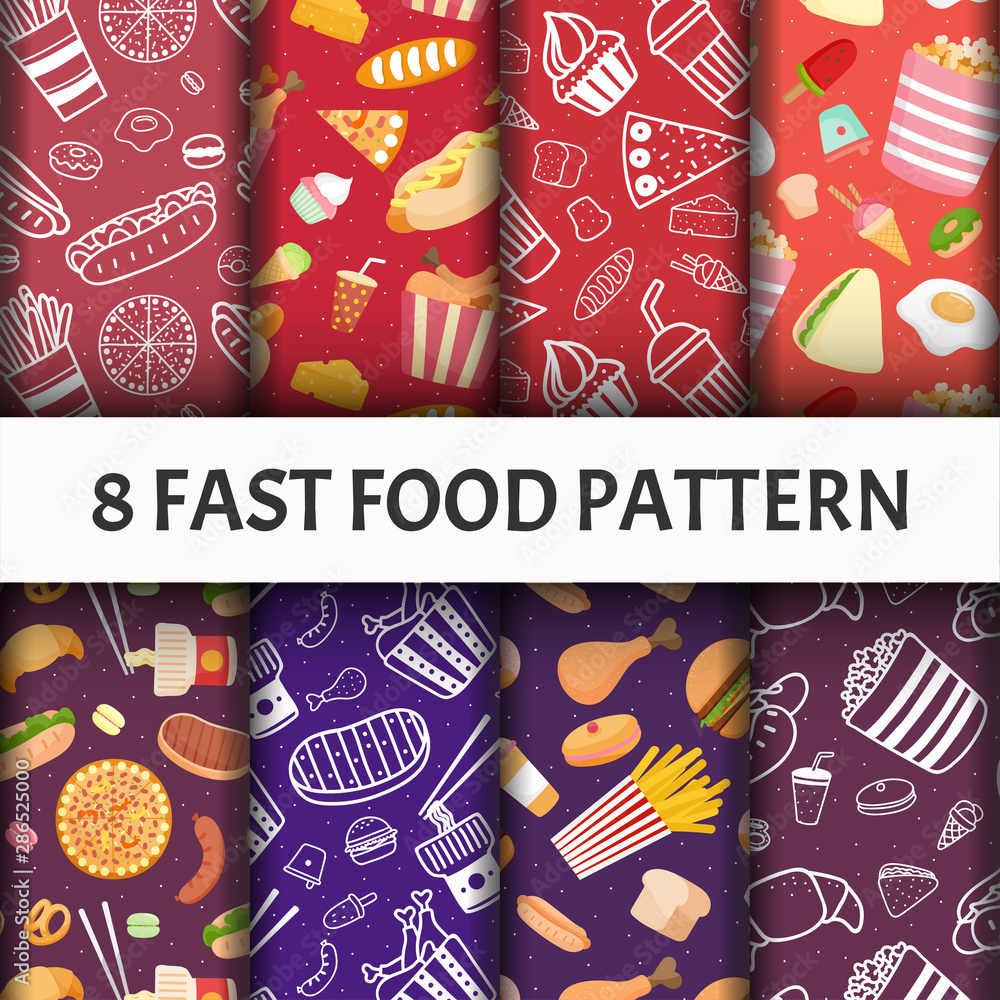 Fototapeta premium Vector seamless Fast food pattern set.