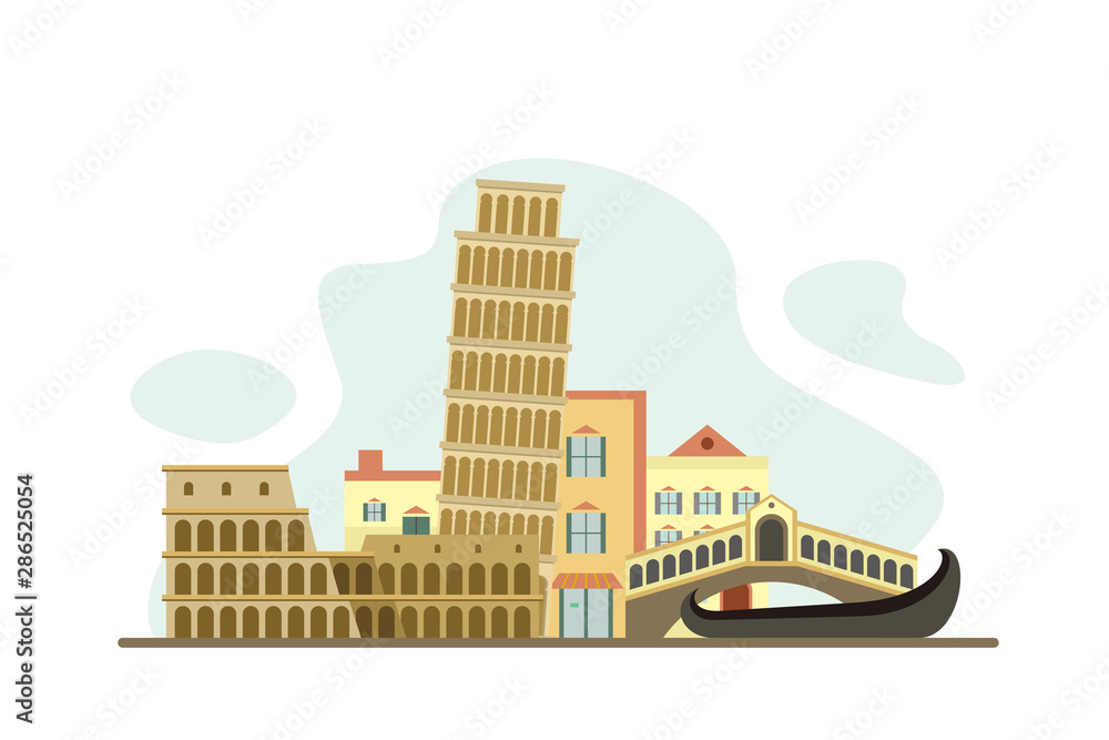 Italy Famous Landmarks Travel Flat Concept Vector Illustration