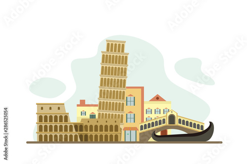 Italy Famous Landmarks Travel Flat Concept Vector Illustration