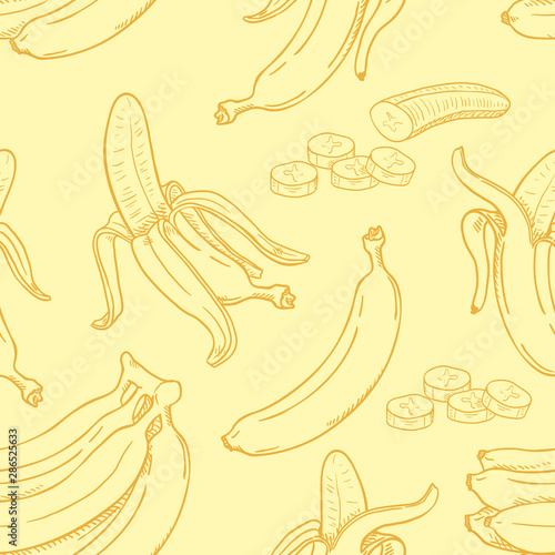 Vector Seamless Pattern of Sketch Bananas on Yellow Background