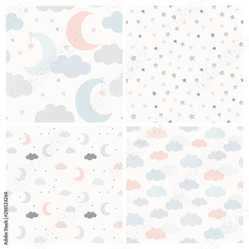 Night sky vector pattern set with hand drawn stars, clouds and moon. Collection of cute seamless baby background in delicate pastel colors.