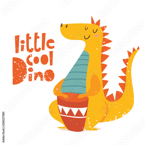 Cute Dino play music vector image with lettering