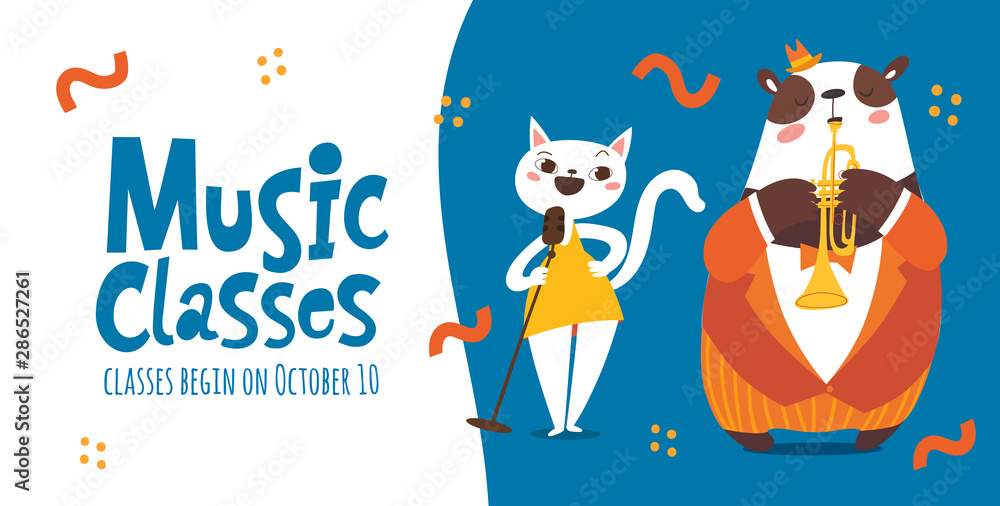 Fototapeta premium Vector music classes advertisment flyer or poster design with cute animals playing music instruments