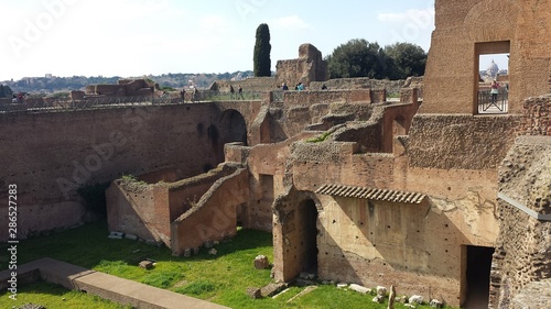 Photography Tourists are exploring ruins in Palatine Hill, Rome, Italy