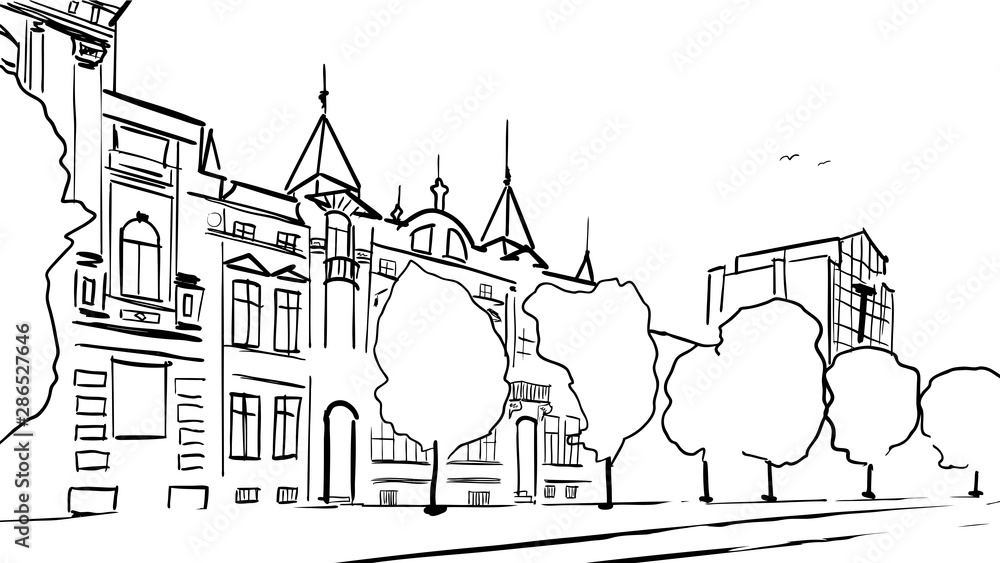 Sketch drawing city shape silhouette perspective