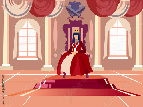 Queen is sitting on her throne. In minimalist style. Cartoon flat vector