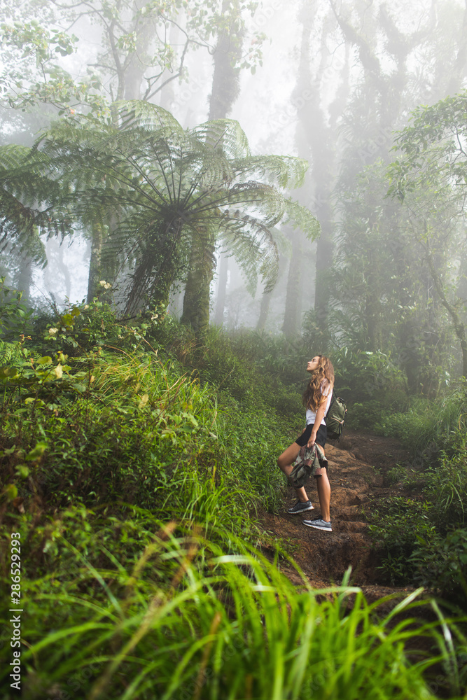 Woman walking in mystical tropical foggy rainforest. Huge plants and jurassic period atmosphere