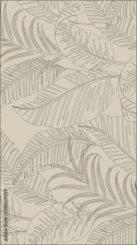 Black lines tropical leaves pattern style on light brown background, linear flat line vector and illustration.