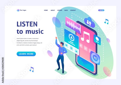 Young man dancing to the music playing on his phone. The concept of listening to music on social networks. 3d isometric. Landing page concepts and web design