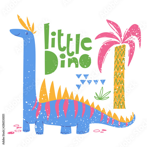 Kids style poster with cute Dinosaur brontosaurus and lettering.