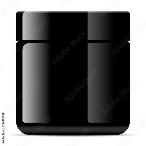 Black Cosmetic Cream Jar. Face Cream Container. Premium Beauty Skin Product Can Mockup for Advertising. Gloss Plastic Package for Wax. Modern Powder Bottle. Clear Round Mock Up for Supplement Isolated