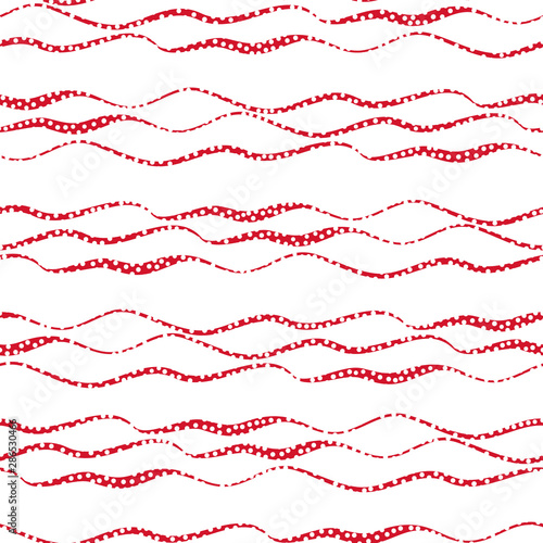 Weave effect trios of red doodle lines with polka dot texture. Seamless geometric vector pattern on soft white background. Great for all Christmas products, giftwrap, stationery, graphic design