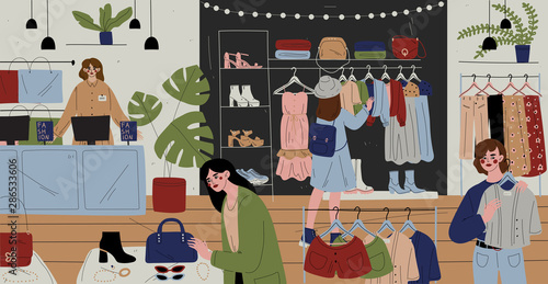 Customers and staff in clothes shop, chain store