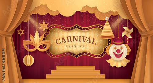 Premium Gold Curtains stage with Circus Frame Border, Cloud and Hanging Carnival Mask, Happy Clown, Party hat, Pinwheel, ball, Fun Fair, Day Scene festival,Theme Theater