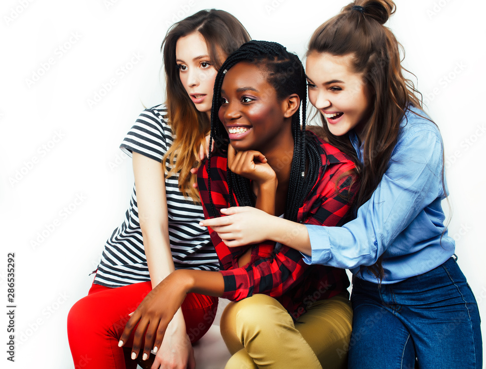 Fototapeta premium diverse multi nation girls group, teenage friends company cheerful having fun, happy smiling, cute posing isolated on white background, lifestyle people concept, african-american and caucasian