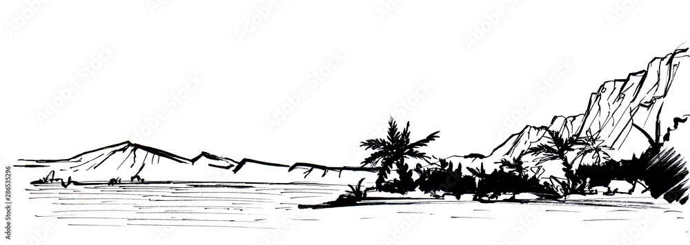 Black and white exotic landscape background. Peninsula with palms and greenery with mountains chain in background. Abstract hand drawn watercolor illustration on paper